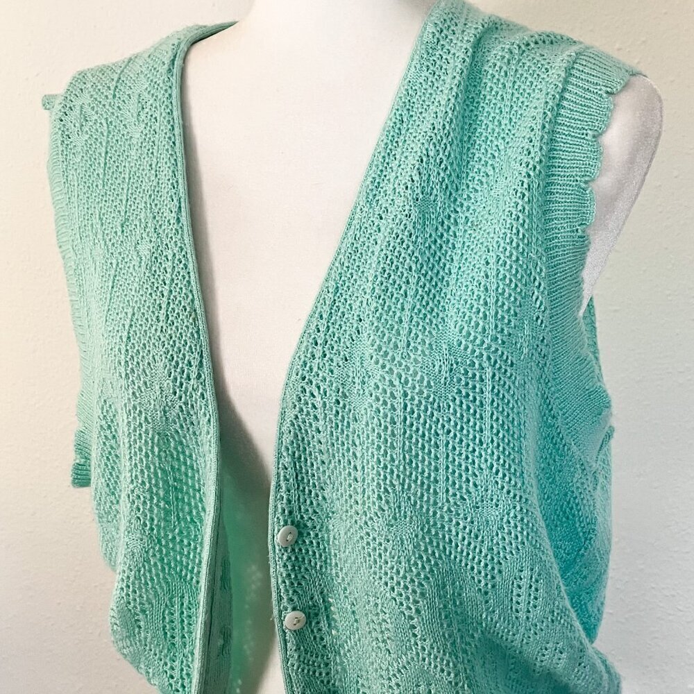Vintage 80s Sweater Vest Light Teal Green Size Medium Cottagecore Granny Button